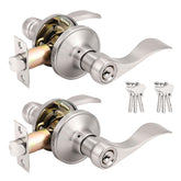Probrico Wave-style keyed-alike entry lever close-up highlighting satin nickel finish and comfortable grip.