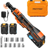 Protmex 3/8 cordless ratchet wrench front view with compact head for tight spaces.