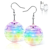 PUFIER disco ball earrings on model with vibrant light effects for party nights