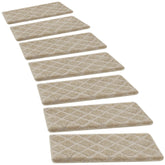 PURE ERA bullnose stair treads in cream gray diamond trellis on wooden stairs for safer footing