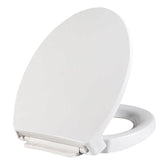 PuritySage elongated soft-close seat in cotton white shows quiet closing action.
