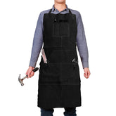 QeeLink leather workshop apron, front view, knee-length protection for welding and metalwork.
