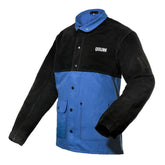 QeeLink Welding Jacket front view with split leather sleeves for enhanced heat protection.