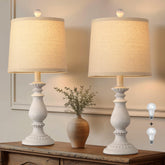 QiMH Farmhouse lamp base detail highlights antique white ribbed resin base for timeless bedside style.
