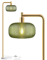 QiMH Gold floor lamp with emerald glass shade for cozy living room lighting.