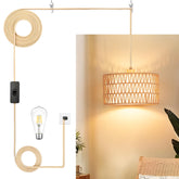 Qingmiao plug-in pendant light with rattan paper-woven shade enhances boho ambiance.