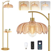 QIYIZM gold floor lamp with table shelves provides warm ambient lighting and built-in storage.