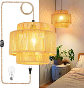 QIYIZM plug-in pendant light with a woven bamboo shade adds boho charm to any room