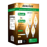Qualilux Dusk to Dawn CA11 glass candle bulb for outdoor porch lighting with auto on/off.