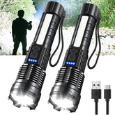 Queena rechargeable LED flashlight front view, compact power for home and outdoor use.