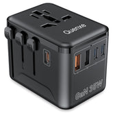 Quenxe travel adapter front view with built-in plugs for global travel