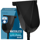 RAEFLOW waterless urinal in black, front view for outdoor setup and water-saving use.