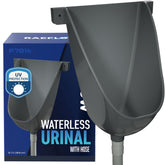 RAEFLOW waterless urinal outdoors installation demonstrates quick setup and weatherproof design