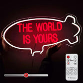 Raipile The World Is Yours neon airship wall light enhances game room ambiance.
