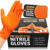 Raxwell nitrile gloves orange with diamond texture for enhanced grip in oily conditions.