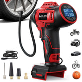 Rayleey tire inflator showing Milwaukee 18V compatibility for cordless inflation