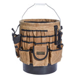 Readywares waxed canvas tool bucket organizer close-up showing 58 pockets for quick access.