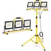 REFDAQ LED work light with 3 heads on a stand provides broad daylight coverage for job sites.