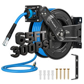 Relhost retractable air hose reel full assembly mounted on wall showing space-saving setup