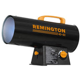 Remington LP forced air heater front view, rugged steel construction for durability on job sites.