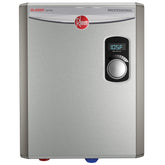 Rheem 18kW tankless unit with gray finish powering on-demand hot water for busy homes