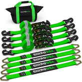 Rhino USA car hauler tie down straps securing a vehicle on a trailer