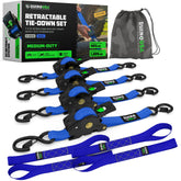 Rhino USA retractable ratchet strap in blue with one-handed operation for easy tie-downs.