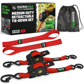 Rhino USA retractable ratchet strap 2-pack in red for fast, secure cargo tying.