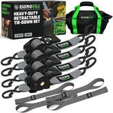 Rhino USA retractable ratchet strap in extended use securing a trailer