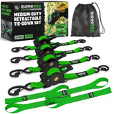 Rhino USA retractable ratchet strap in green demonstrating quick self-retraction for secure cargo