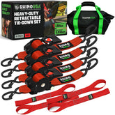 Rhino USA retractable ratchet strap 4-pack in red, ideal for secure cargo tying.