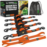 Rhino USA retractable ratchet strap four pack with secure locking action for cargo transport.