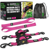 Rhino USA retractable ratchet straps in pink, 1-inch x 10-feet, ideal for secure cargo.