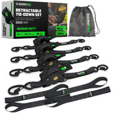 Rhino USA retractable ratchet strap extended for secure cargo tie-downs.