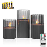 Rhytsing smoked ribbed glass candle with remote for easy mood control.
