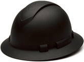 Ridgeline Pyramex full brim hard hat front view shows matte black graphite finish for durable site protection