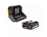 RIDGID 18V battery 2-0Ah starter kit close-up, compact design for easy handling.