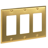 Rio Salto brass 3-gang wall plate with brushed gold finish enhances room decor.