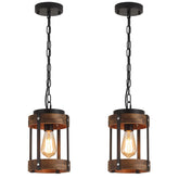 RKUCSR rustic wood pendant with black drum cage for kitchen island lighting.