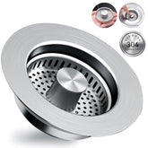 RLQXG 3-in-1 pop-up drain strainer in action, keeping sink clear and draining smoothly.