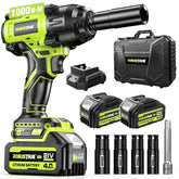 Robustrue cordless impact wrench with 1000N.m torque for fast tire removal.