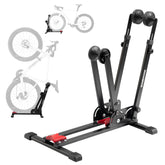 ROCKBROS 2-in-1 bike stand enables vertical and horizontal parking for flexible storage.