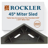 Rockler 45-degree miter sled on table saw for precise angle cuts
