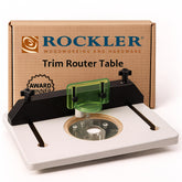 Rockler trim router table setup enables stable edge routing on benches.