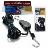 Rope Ratchet pulley system assembled for easy lifting and secure tension.