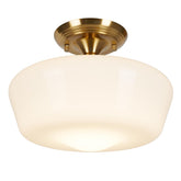 Rosient schoolhouse semi-flush with opal shade enhances hallway ambiance.