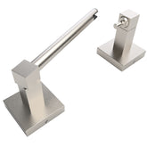 Ruacq brushed nickel double-post pivoting square base toilet paper holder for easy roll replacement.
