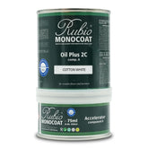 Rubio Monocoat Oil Plus 2C Cotton White bottle for fast indoor wood finishing.