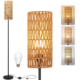 Ruiever floor lamp with black base and rattan shade for cozy living room lighting.
