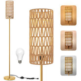 Ruiever floor lamp with round rattan shade over gold base, ideal for warm living room lighting